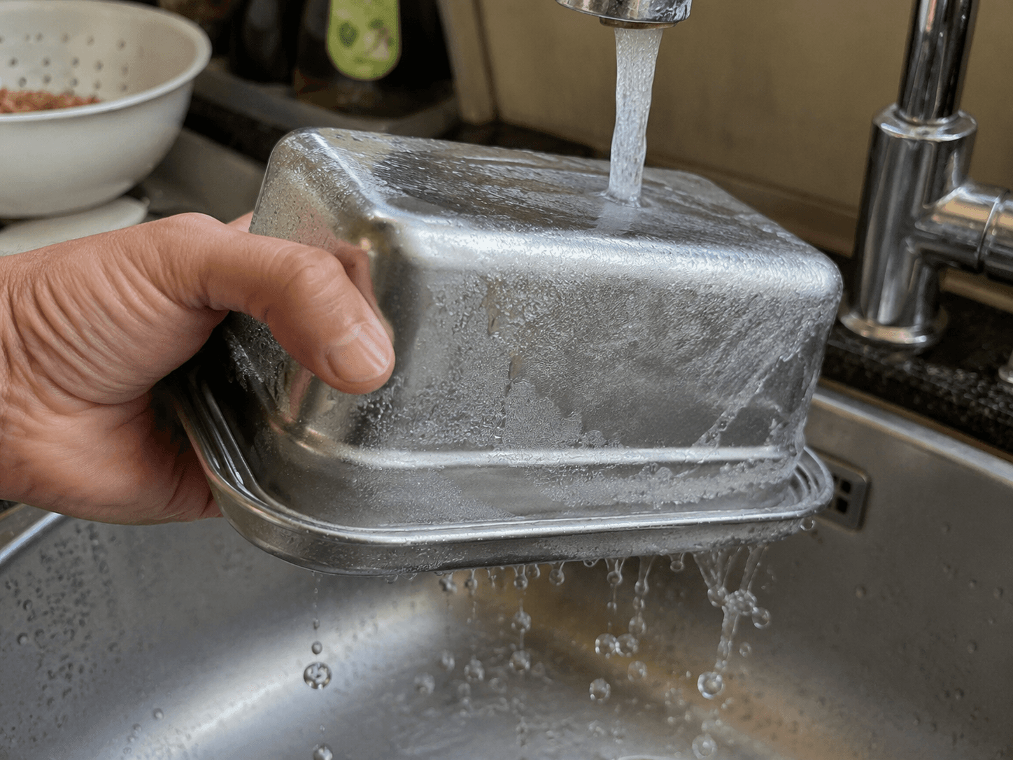 A frozen Loopware container being run under tap water