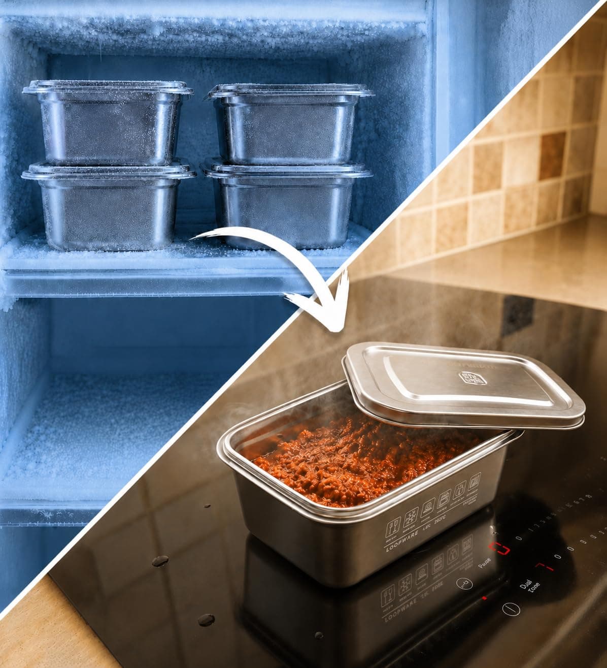 Loopware containers shown in a freezer and on an induction hob