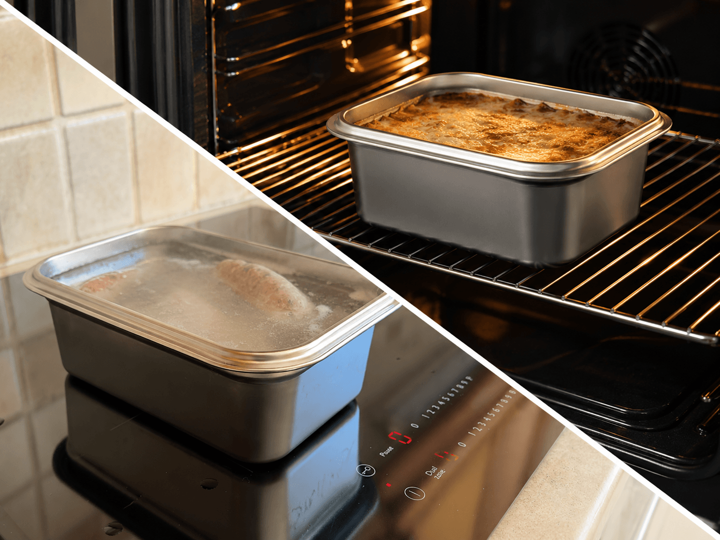 Loopware stainless steel containers heating on a hob and in an oven