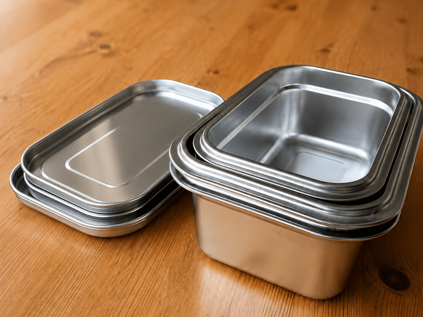 Loopware containers nested together with their steel lids stacked beside them
