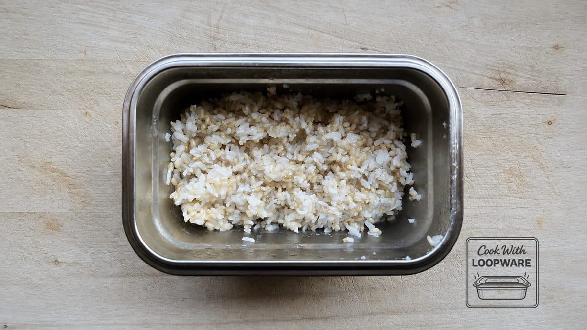 Short-grain rice cooked in a Loopware stainless steel container