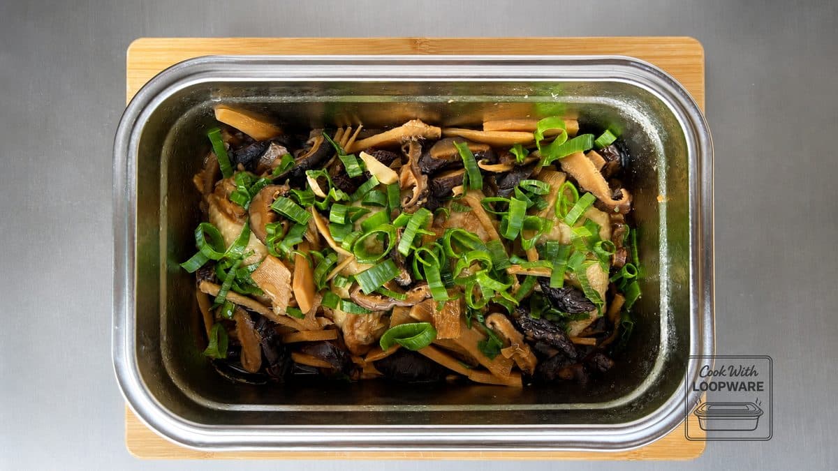 Soy-braised chicken with shiitake and bamboo shoots in a Loopware stainless steel container