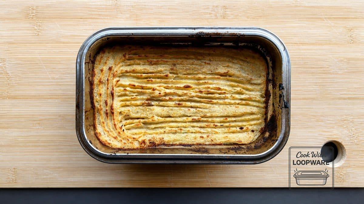 Cottage pie with golden mash, cooked in a Loopware stainless steel container