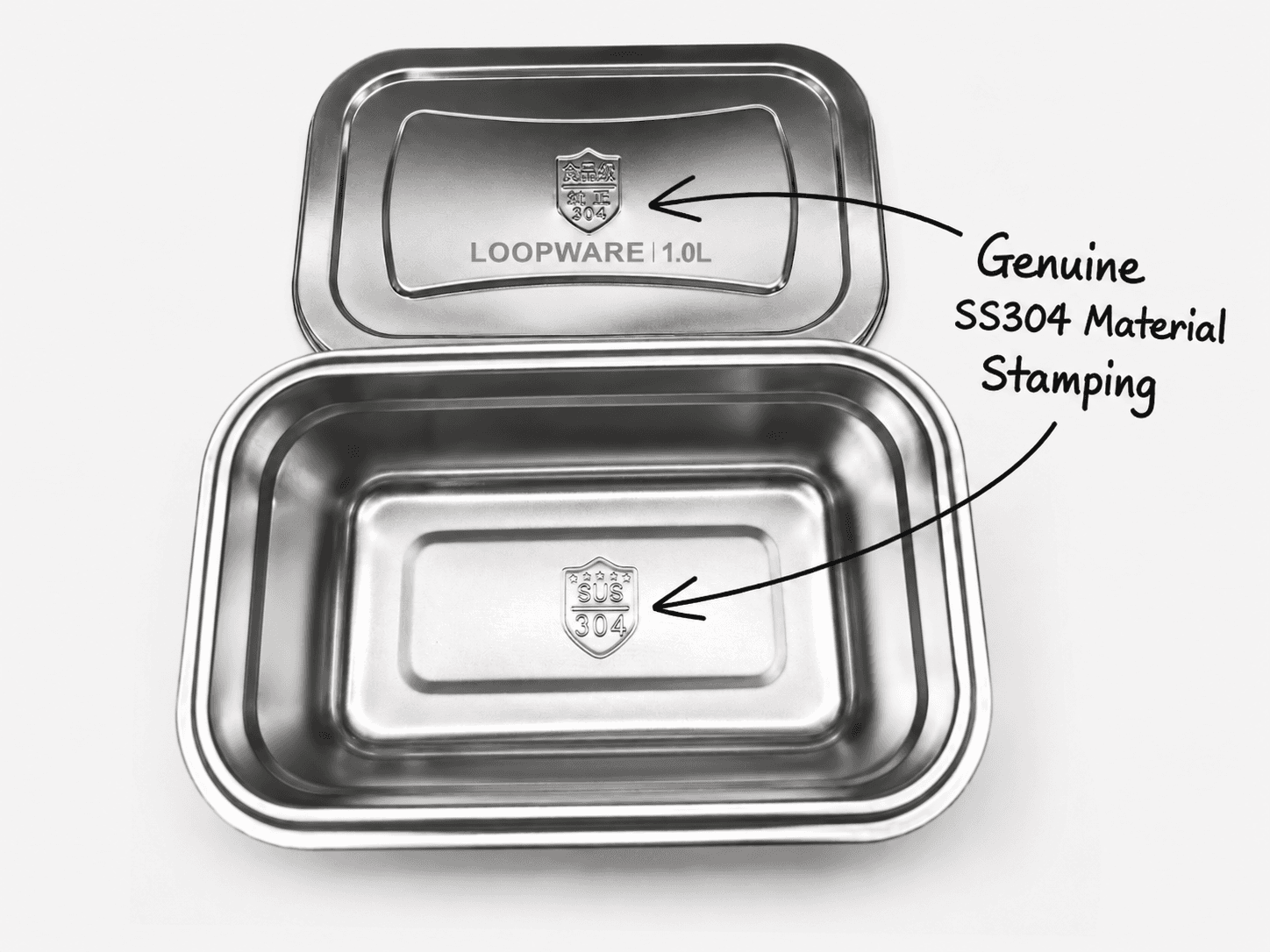 Genuine SS304 stamping pressed into both the base and the lid of a Loopware stainless steel container