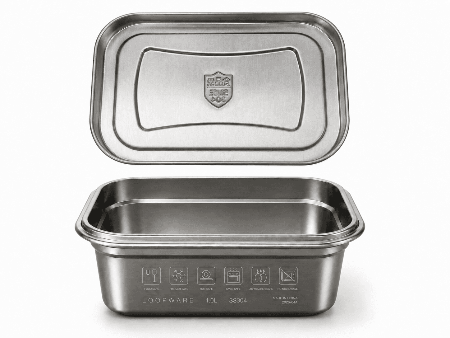 The all-steel friction-fit lid lifted above an open Loopware 1.0L stainless steel container — no silicone gasket or plastic clip, with the use icons engraved on the body