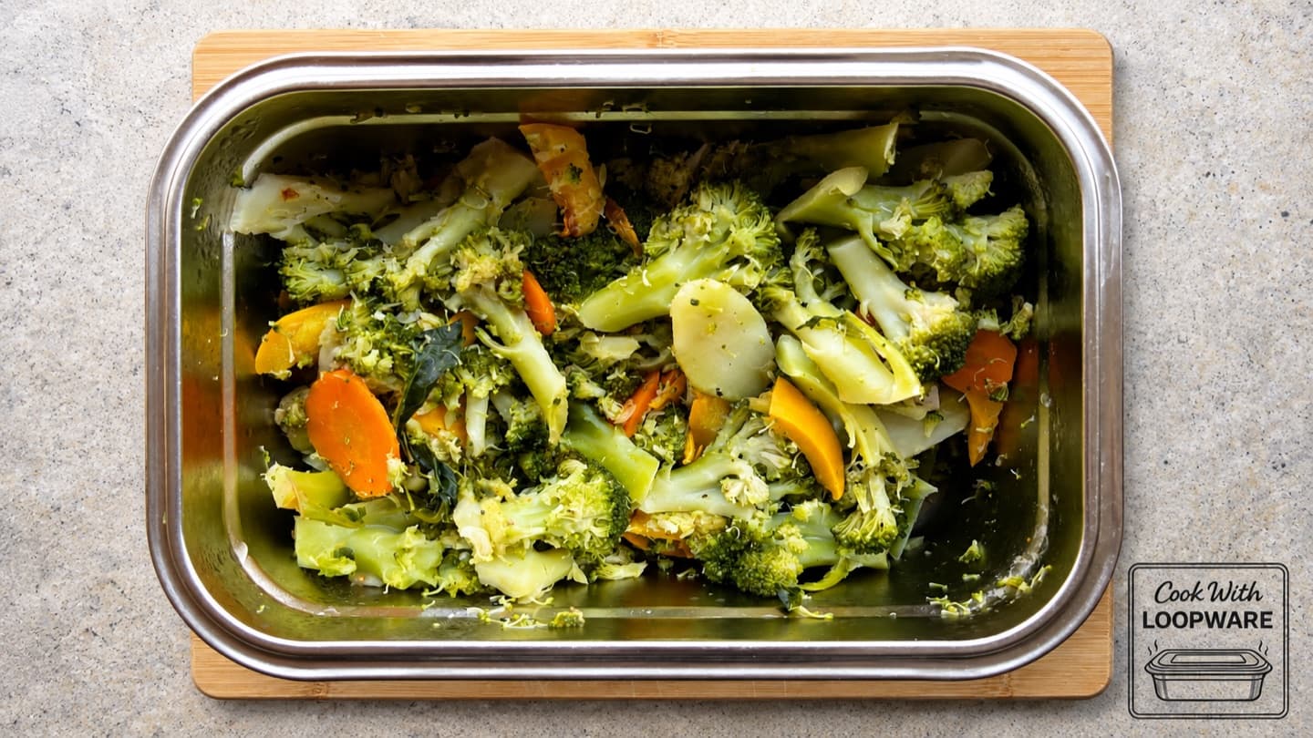 Broccoli, Courgette & Carrot in a Loopware stainless steel cooking container