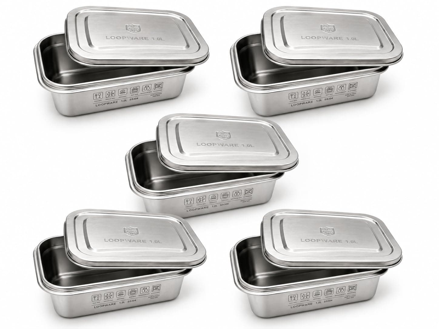 Five Loopware 1.0L stainless steel containers and lids