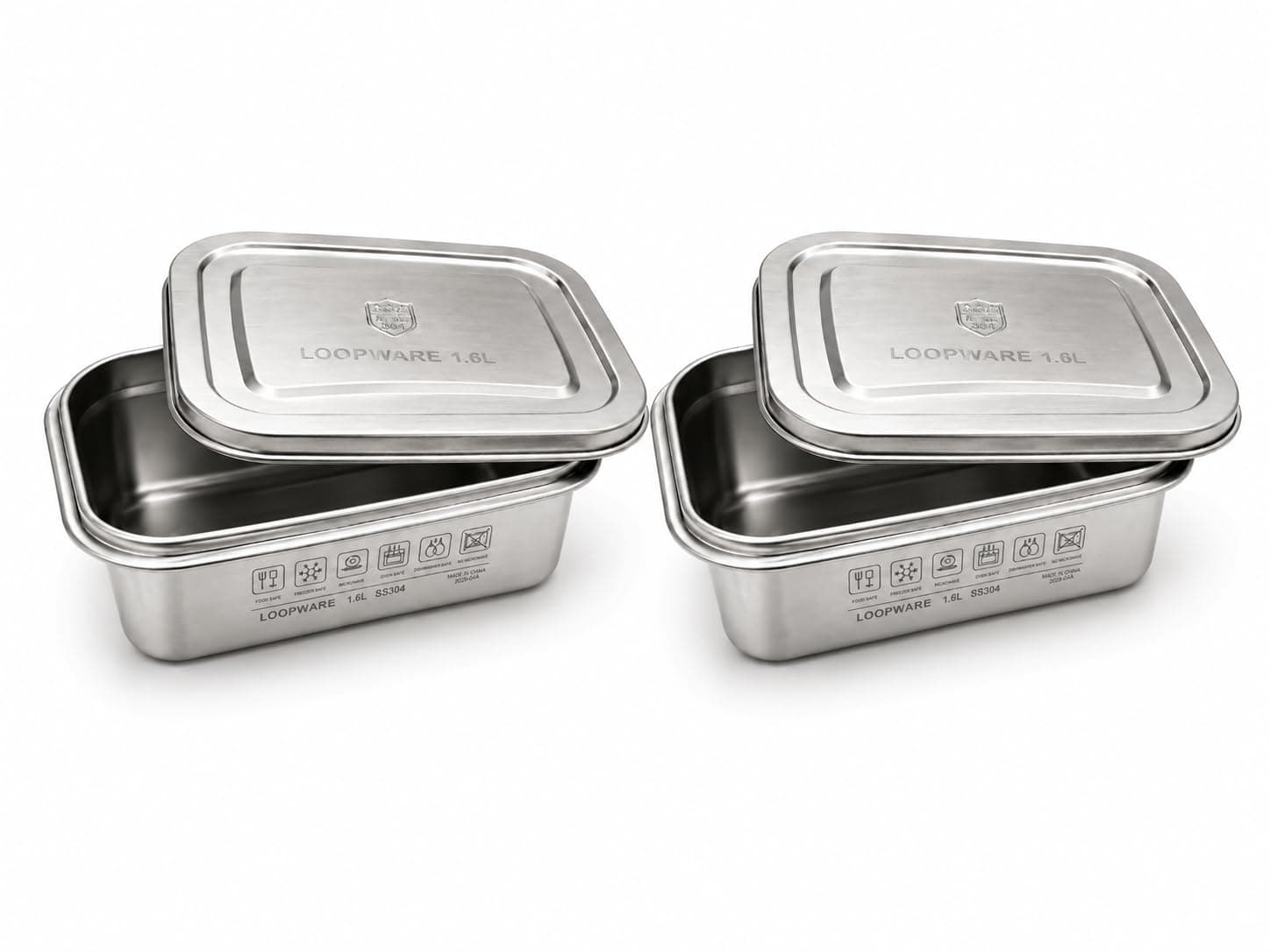 Two Loopware 1.6L stainless steel containers and lids