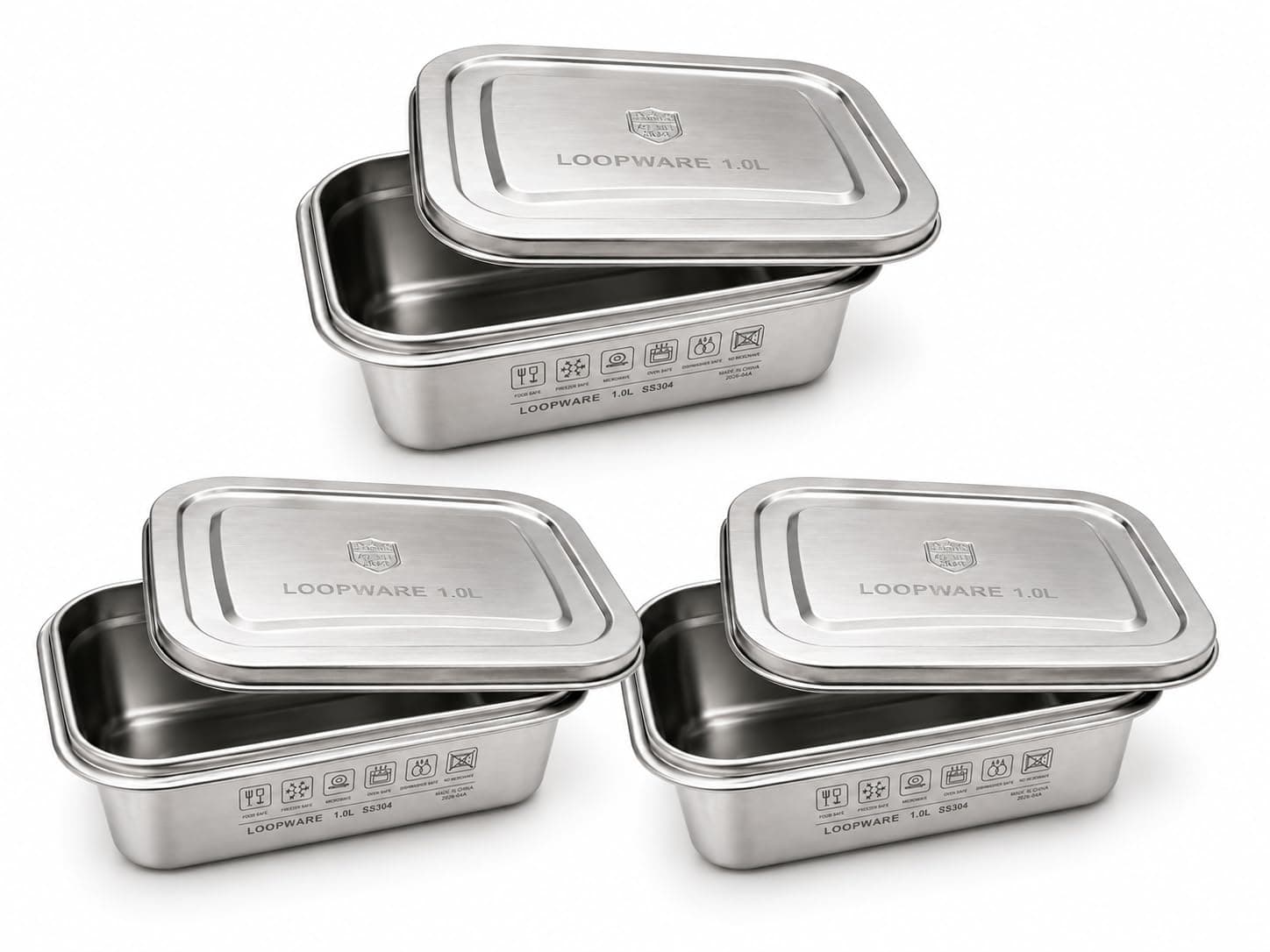 Three Loopware 1.0L stainless steel containers and lids