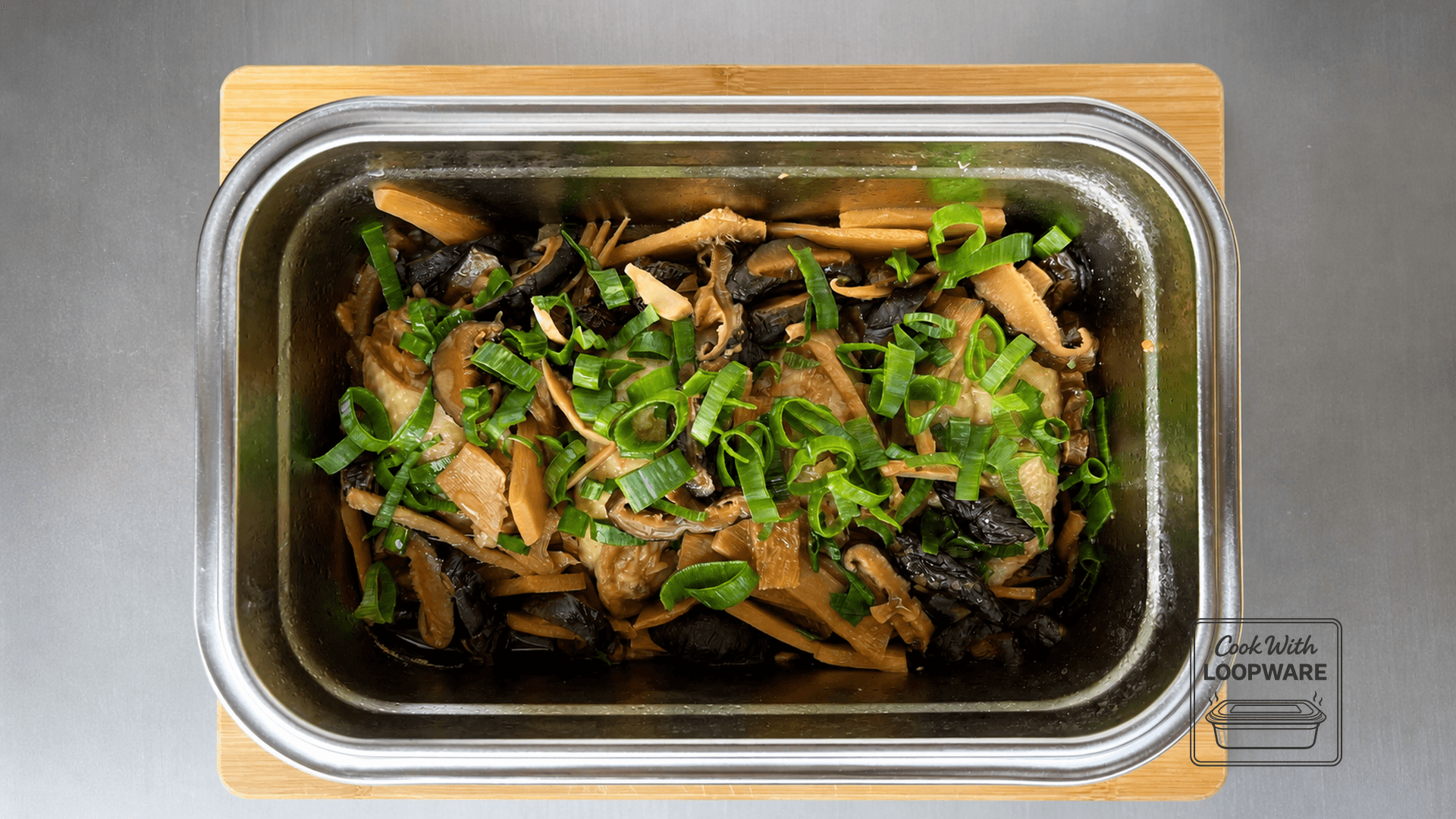 Soy-Braised Chicken with Shiitake & Bamboo Shoots in a Loopware stainless steel cooking container