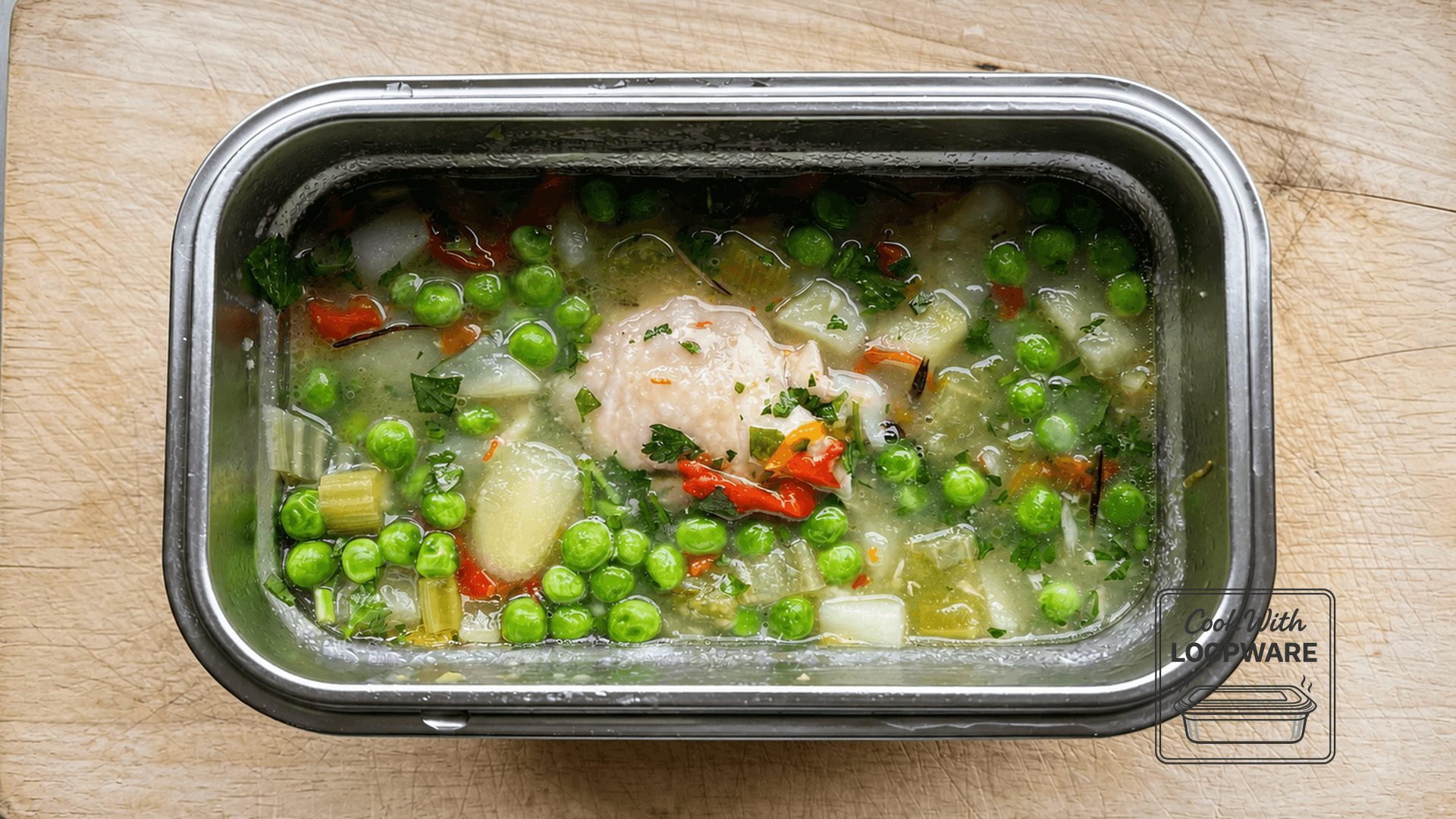 Chicken, Pepper & Potato Stew in a Loopware stainless steel cooking container