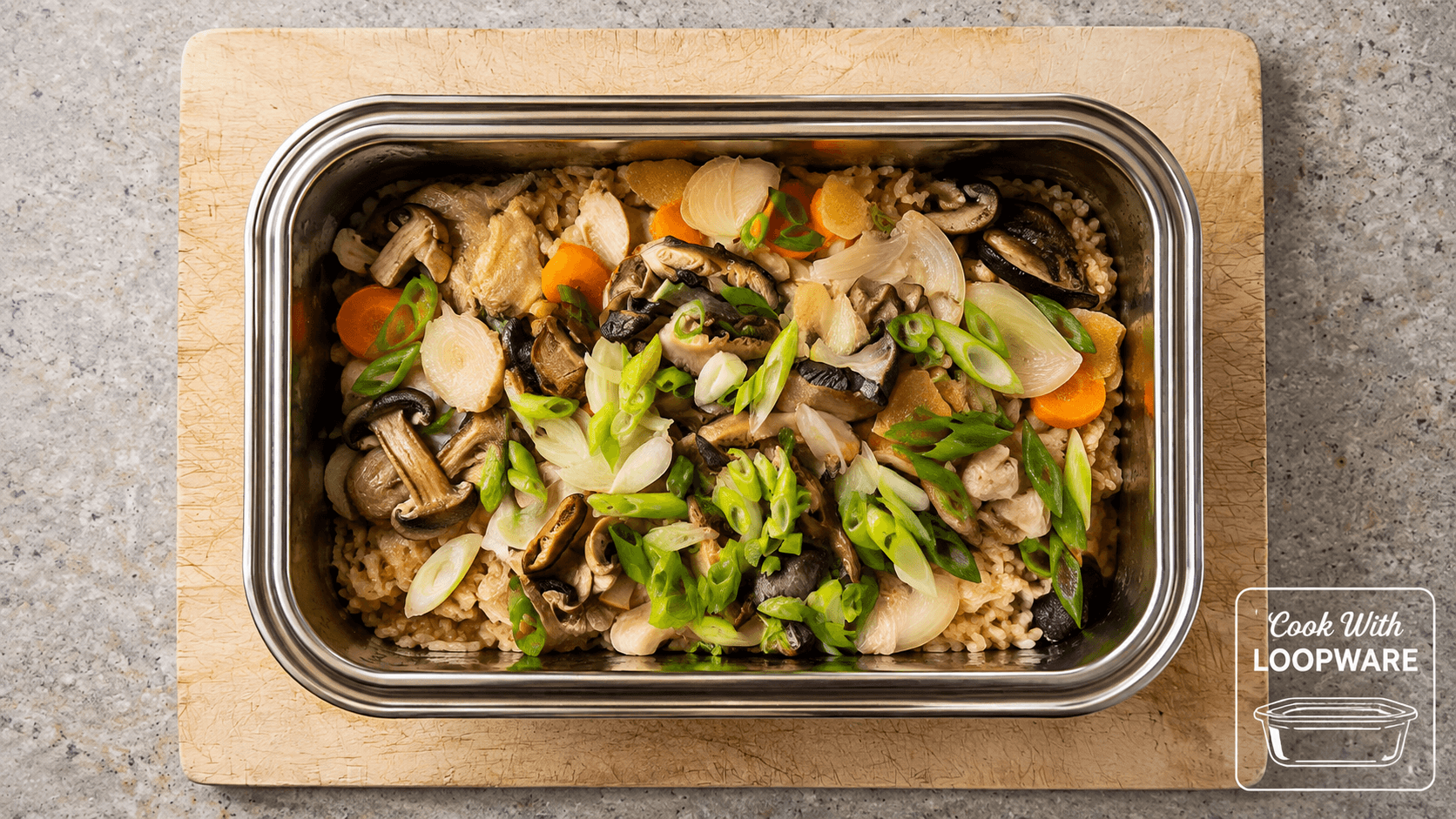 Japanese Chicken, Carrot & Mushroom One-Pot Dinner in a Loopware stainless steel cooking container