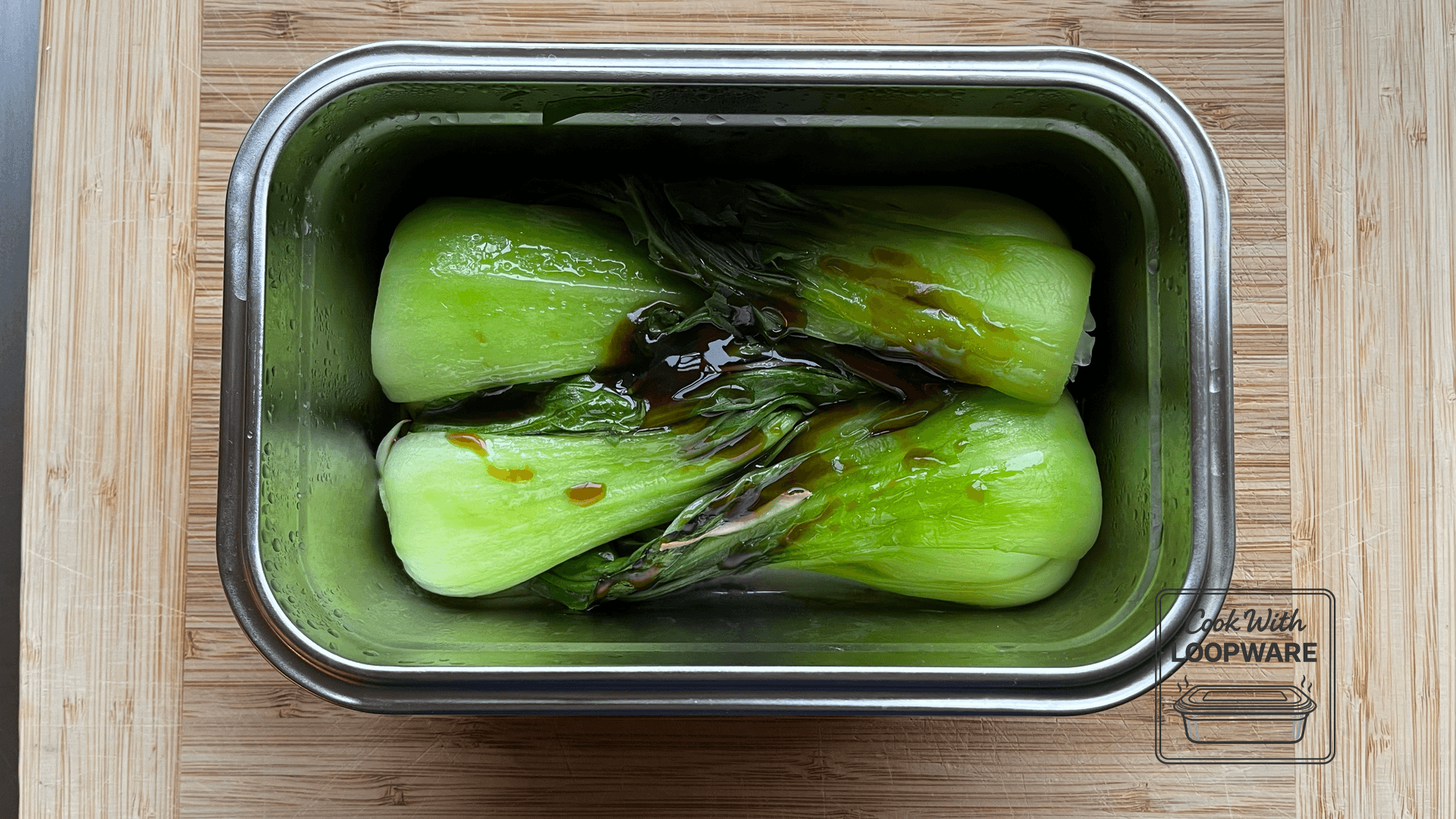 Pak Choi with Ginger & Oyster Sauce in a Loopware stainless steel cooking container