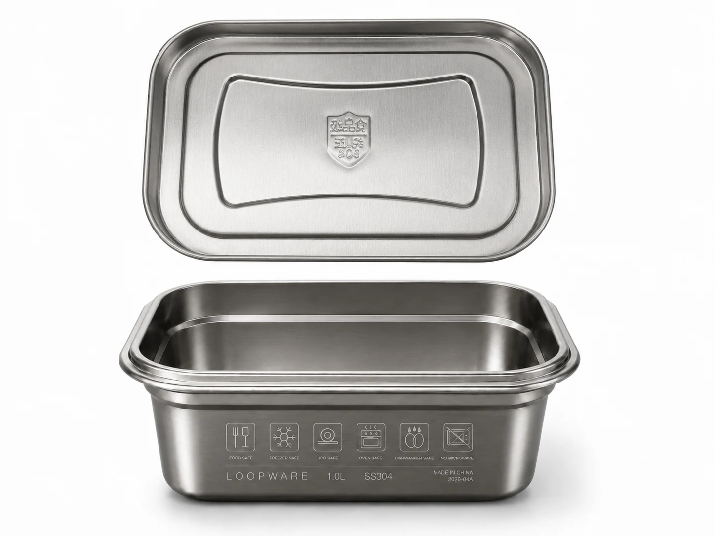 Loopware 1.0L all-304 stainless steel food container with its steel lid raised above it, engraved safe-use icons on the body